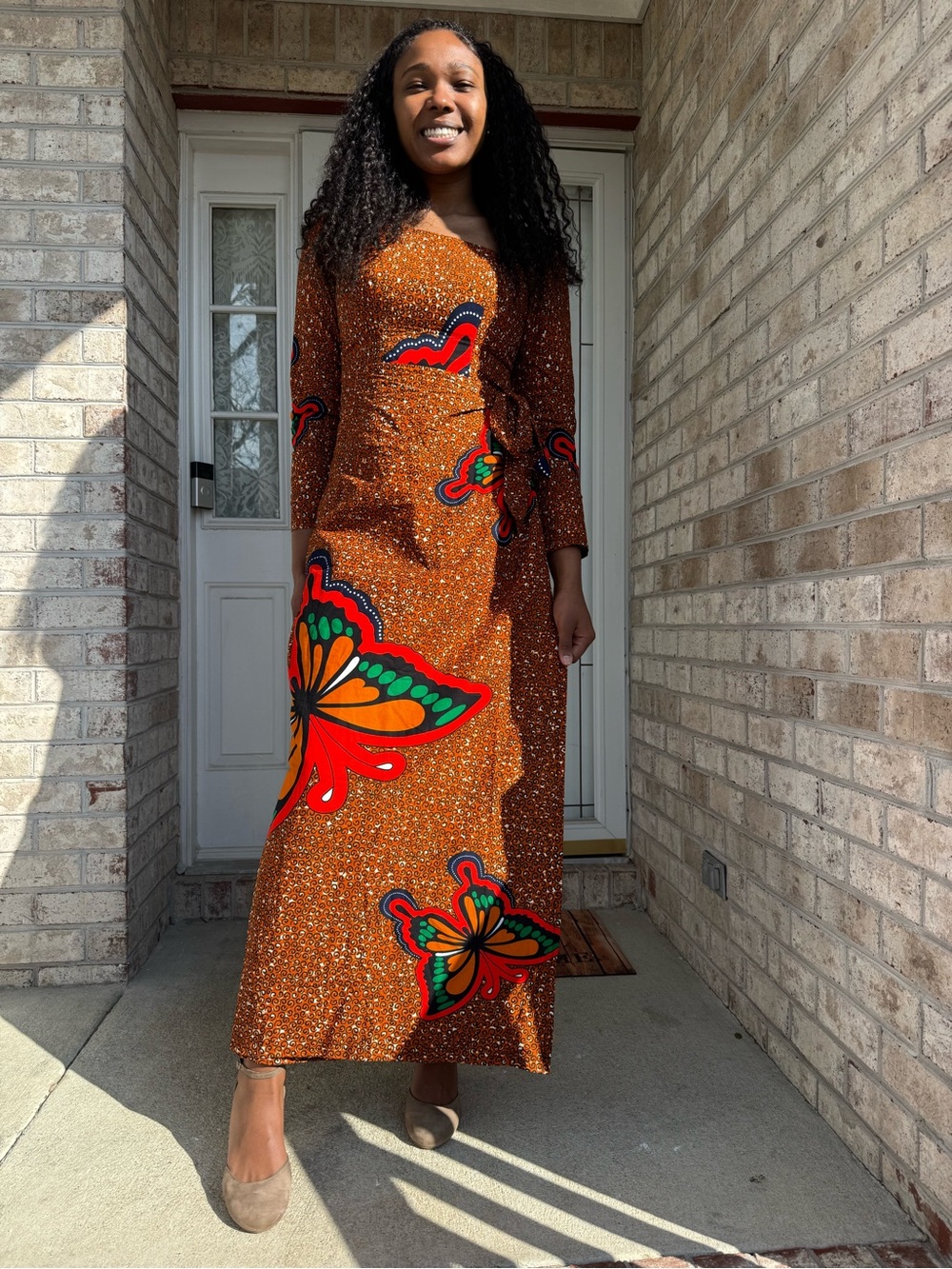 Rust Orange African Print Butterfly Wrapped Dress